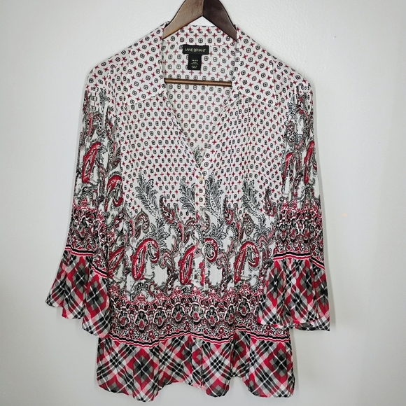 Lane Bryant Womens Button Up Top 18/20 Paisley Plaid Pleated Boho Artsy Office - Picture 10 of 10
